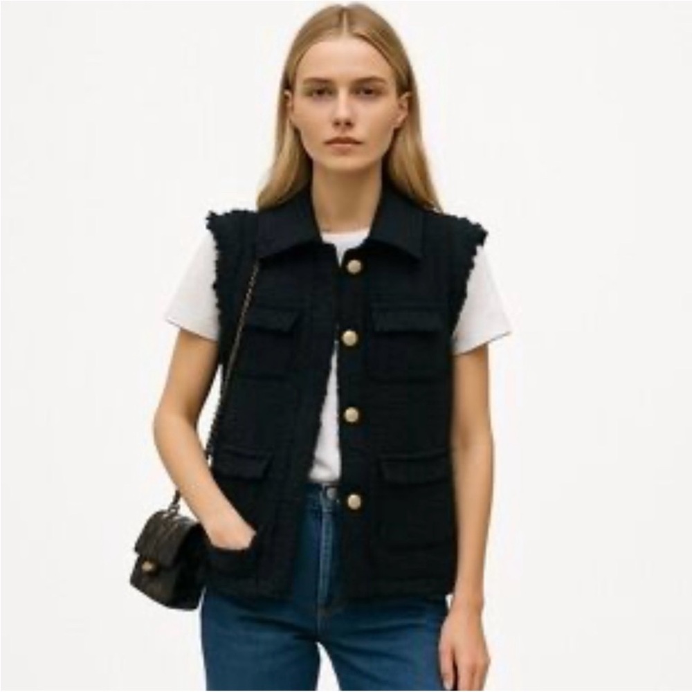 Zara Black Tweed Vest with Gold Buttons and Raw Edges